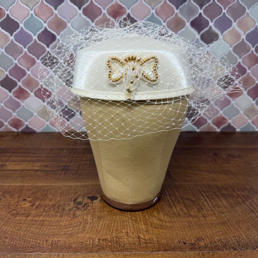 Vintage Ivory‎ Pillbox Hat Birdcage Veil Beaded Embellished Retro Glam